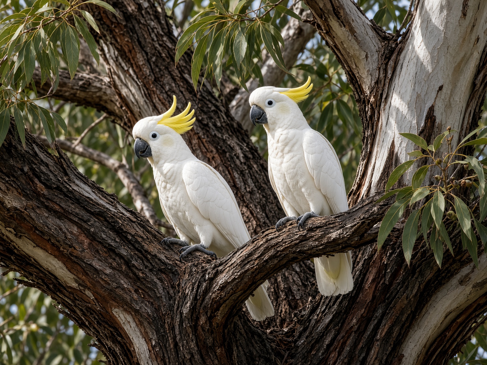 Sulphur-crested cockatoos in a eucalyptus canopy