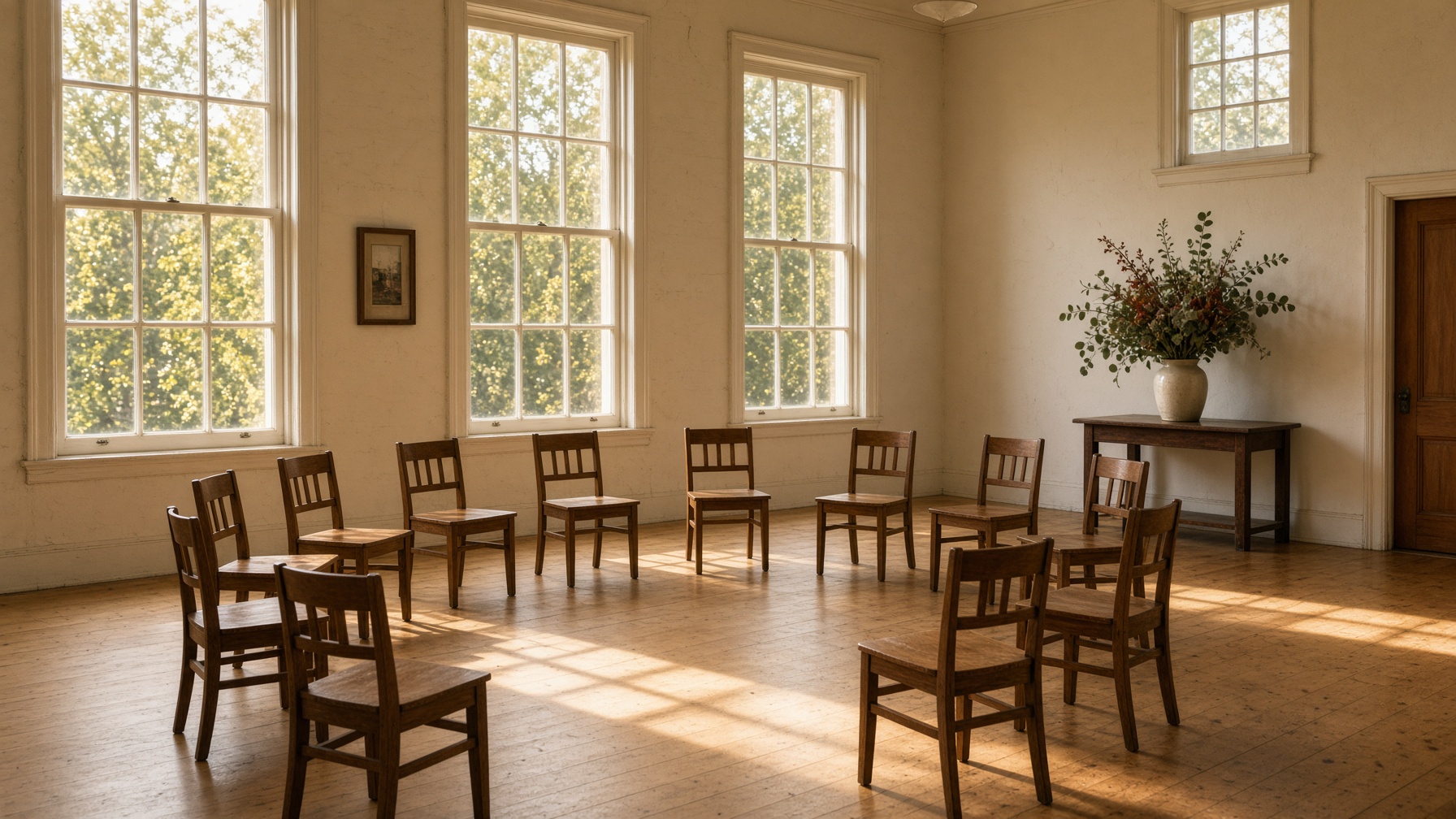 Sunlit community hall with a circle of wooden chairs