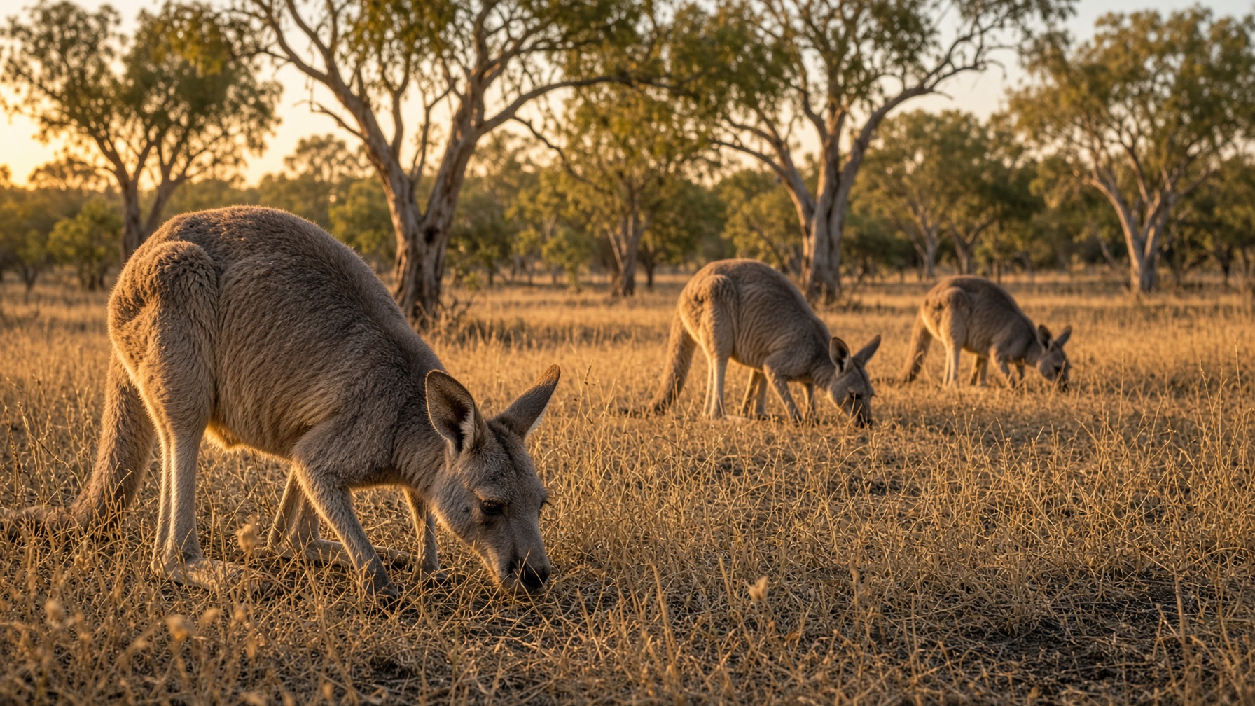 Kangaroos in open bushland at golden hour